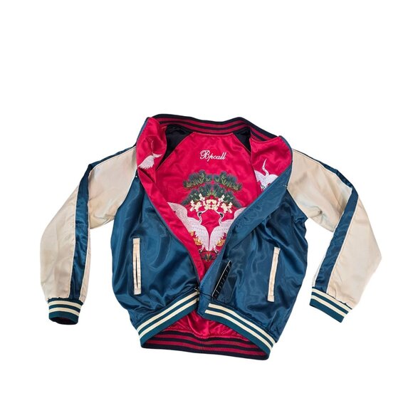 Reversible Satin Bomber Jacket U.S. Navy Seabees Embroidery & Cranes Design M - Picture 14 of 16